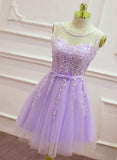 Solvbao Cute Light Purple Tulle Short Prom Dress, Lace Applique Formal Dress