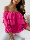 Ruffle Trim Layered Blouse, Sexy Off Shoulder Solid Blouse, Women's Clothing