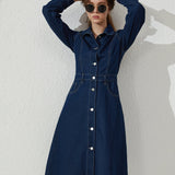 deanwangkt-1  Blue Single Breasted Button Denim Dress, Long Sleeves Slant Pockets Lapel Denim Dress, Women's Denim Clothing