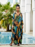 Plus Size Boho Kaftan Dress, Women's Plus Tropical Print Batwing Sleeve V Neck Split Maxi Beach Dress