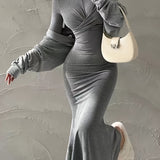 Twist Front Long Sleeve Trumpet Dress, Casual Turtle Neck Slim Dress For Spring & Fall, Women's Clothing