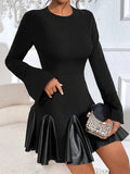 Faux Leather Panel Flare Sleeve Dress, Stylish Crew Neck A-line Dress, Women's Clothing