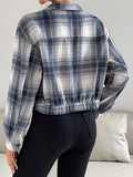 Zip Front Plaid Lapel Jacket, Casual Flap Pockets Long Sleeve Jacket For Fall & Winter, Women's Clothing