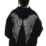 Wings Print Back Hoodies, Casual Drawstring Kangaroo Pocket Sweatshirt, Women's Clothing