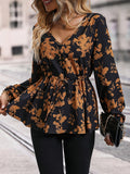 Floral Print V Neck Blouse, Casual Lantern Sleeve Tie-waist Button Decor Blouse, Women's Clothing