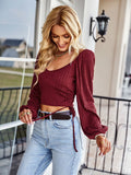 Drawstring Slim Crop Blouses, Elegant Long Sleeve Square Neck Fashion Spring Fall Shirts Tops, Women's Clothing