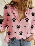 Paw Print Button Front Shirt, Casual Long Sleeve Shirt For Spring & Fall, Women's Clothing