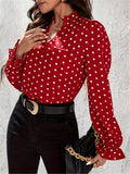 Polka-dot Print Notched Neck Blouse, Versatile Puff Sleeve Blouse For Spring & Fall, Women's Clothing