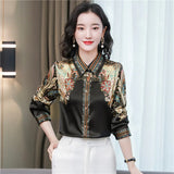 Printed Women Designer Lapel Shirts Silk Black Long Sleeve Elegant Fit Shirt Office Ladies Button Front Casual Satin Blouses Spring Fall Chic Slim Runway Tops