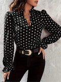 Polka-dot Print Notched Neck Blouse, Versatile Puff Sleeve Blouse For Spring & Fall, Women's Clothing