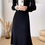 Ribbed Solid Midi Dress, Elegant Crew Neck Long Sleeve Dress, Women's Clothing