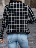 Plaid Open Front Jacket, Casual Contrast Trim Jacket For Spring & Fall, Women's Clothing