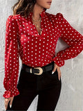 Polka-dot Print Notched Neck Blouse, Versatile Puff Sleeve Blouse For Spring & Fall, Women's Clothing