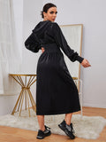 Lantern Sleeve Hooded Dress, Casual Cinched Waist A-line Dress For Fall & Winter, Women's Clothing