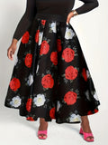 Plus Size Elegant Skirt, Women's Plus Floral Print Elastic High Rise High Stretch A-line Pleated Maxi Skirt