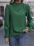 Mock Neck Pleated Simple Blouse, Versatile Long Sleeve Blouse For Spring & Fall, Women's Clothing