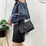 Rivet Skull Decor Metal Chain Crossbody Bag, PU Leather Textured Bag Purse, Cool Girl Punk Fashion Shoulder Bag