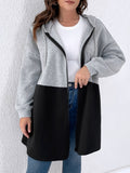 Plus Size Casual Coat, Women's Plus Colorblock Geometric Print Long Sleeve Hooded Zipper Coat