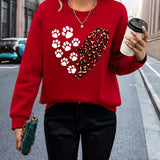 deanwangkt Leopard & Paw Print Pullover Sweatshirt, Casual Long Sleeve Crew Neck Sweatshirt For Fall & Winter, Women's Clothing