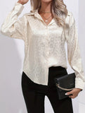 Leopard Jacquard Shirt, Elegant Button Front Long Sleeve Shirt, Women's Clothing