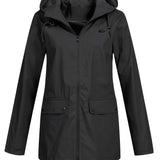 Solid Zip Up Drawstring Trench Coat, Casual Long Sleeve Hooded Jacket, Women's Clothing