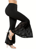 Plus Size Casual Pants, Women's Plus Plain Contrast Lace High Stretch Skinny Flare Leg Pants