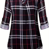 Plaid Print Notch Neck Blouse, Casual Long Sleeve Blouse For Spring & Fall, Women's Clothing