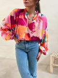 Plus Size Casual Blouse, Women's Plus Colorblock Random Print Button Up Lantern Sleeve V Neck Blouse