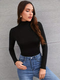 Solid Turtleneck Skinny T-Shirt, Versatile Long Sleeve T-Shirt For Spring & Fall, Women's Clothing