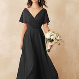 ALICEPUB Plus Size Wrap V-Neck Bridesmaid Dress Chiffon Long Maxi Formal Dress For Women Party Evening Short Sleeves