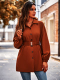 Solid Button Front Shirt, Elegant Long Sleeve Belted Lapel Shirt, Women's Clothing