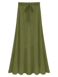 Plus Size Elegant Skirt, Women's Plus Solid Drawstring High Rise Medium Stretch Maxi Skirt