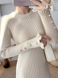 Ribbed Ruffle Hem Dress, Elegant Solid Long Sleeve Bodycon Dress, Women's Clothing