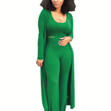 deanwangkt-1  Solid Rib Knit 3 Pieces Set, Open Front Long Length Cardigan & Bodycon Scoop Neck Tank Top & High Waist Draped Pants Outfits, Women's Clothing