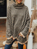 Striped Turtle Neck Pullover Sweater, Casual Long Sleeve Dipped Hem Oversized Sweater, Women's Clothing