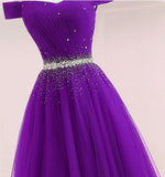 Solvbao Purple Tulle Off Shoulder Long Party Dress, Beaded A-line Prom Dress