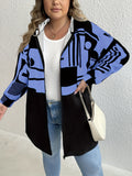 Plus Size Casual Coat, Women's Plus Colorblock Geometric Print Long Sleeve Hooded Zipper Coat