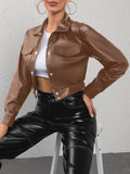 Solid Turn Down Collar Faux Leather Crop Jacket, Casual Button Up Long Sleeve Outerwear, Women's Clothing