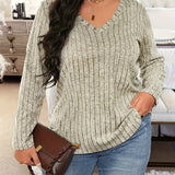 Plus Size Casual T-shirt, Women's Plus Ribbed Solid Long Sleeve V Neck Slight Stretch Top