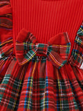 Girls 2pcs Christmas Set Ribbed Knit Plaid Flutter Trim And Bow Dress & Plaid Headband Set, Comfy Sets For Party, Gift, Christmas