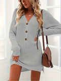 deanwangkt-1  Button Front Sweater Dress, Casual V Neck Long Sleeve Midi Dress, Women's Clothing