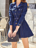 Long Sleeves Lapel Denim Dress, Flap Pockets Mid-Stretch With Waistband Peplum Denim Dress, Women's Denim Clothing