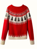 Long Sleeve Tree Pattern Casual Crew Neck Sweater for Women, Winter & Fall Clothing