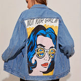 Figure & Letter Print Denim Jackets, Washed Long Sleeves Street Style Lapel Denim Coats, Women's Denim Clothing