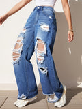 Ripped Straight Leg Loose Fit Jeans, High Rise Wide Legs Distressed Denim Pants, Women's Denim Jeans & Clothing