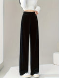 Solid Velvet Straight Leg Pants, Casual Elastic Waist Loose Pants, Women's Clothing