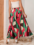 Geo Print Pleated Skirts, Casual High Waist Maxi Skirts, Women's Clothing