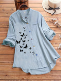 Plus Size Casual Shirt, Women's Plus Butterfly Print Roll Up Sleeve Stand Collar Button Up Blouse