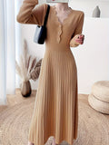 Button Front Solid Midi Dress, Elegant V Neck Long Sleeve Dress, Women's Clothing