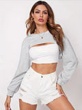 Women Casual Loose Crop Long Sleeve Sweatshirts, Crew Neck Crop Tops, Women's Clothing